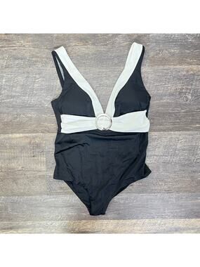 NWT Calzedonia black with white trim V-neck one piece swimsuit size XL  B161